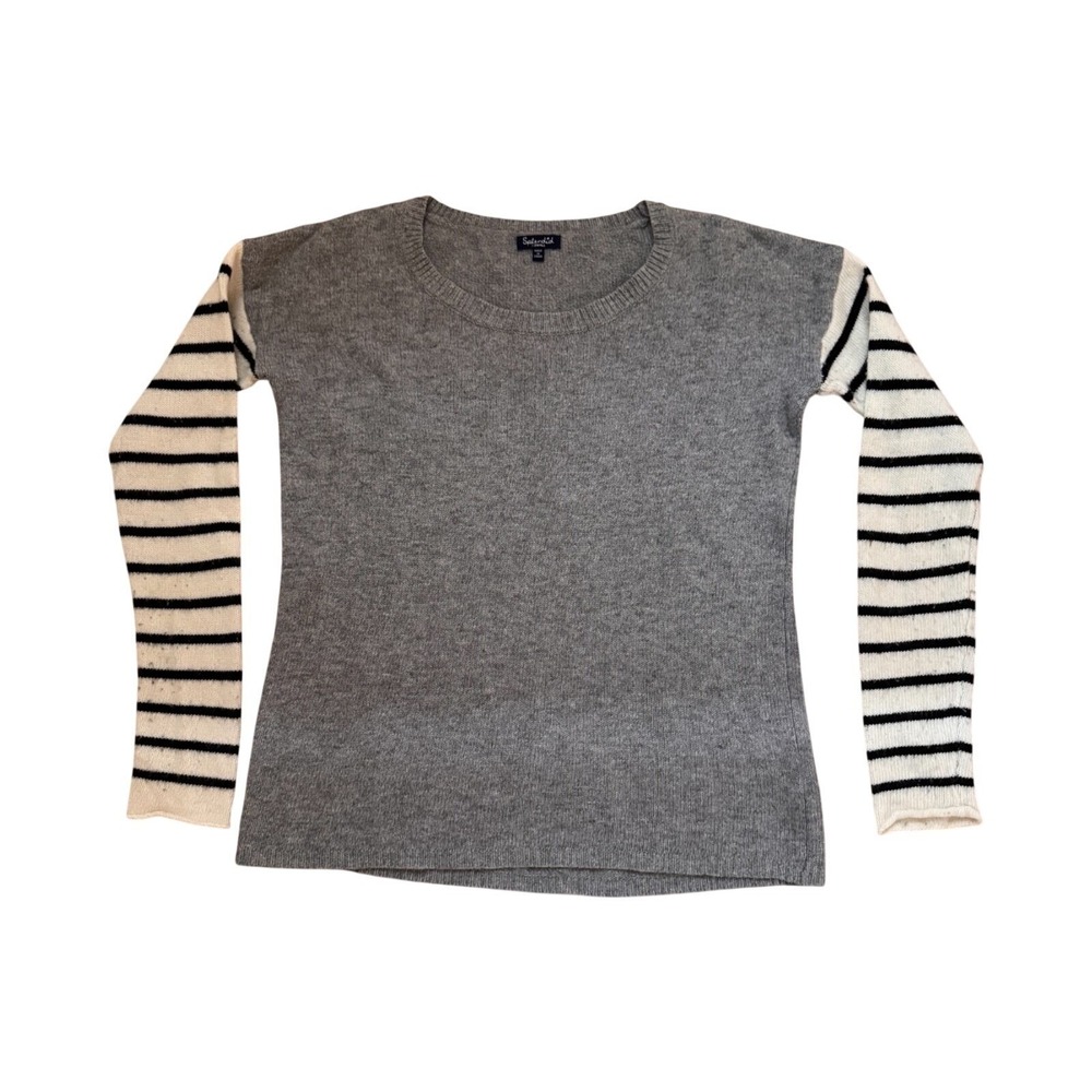 Splendid Women's Sweater XS Gray with Cream/Black Striped Sleeves